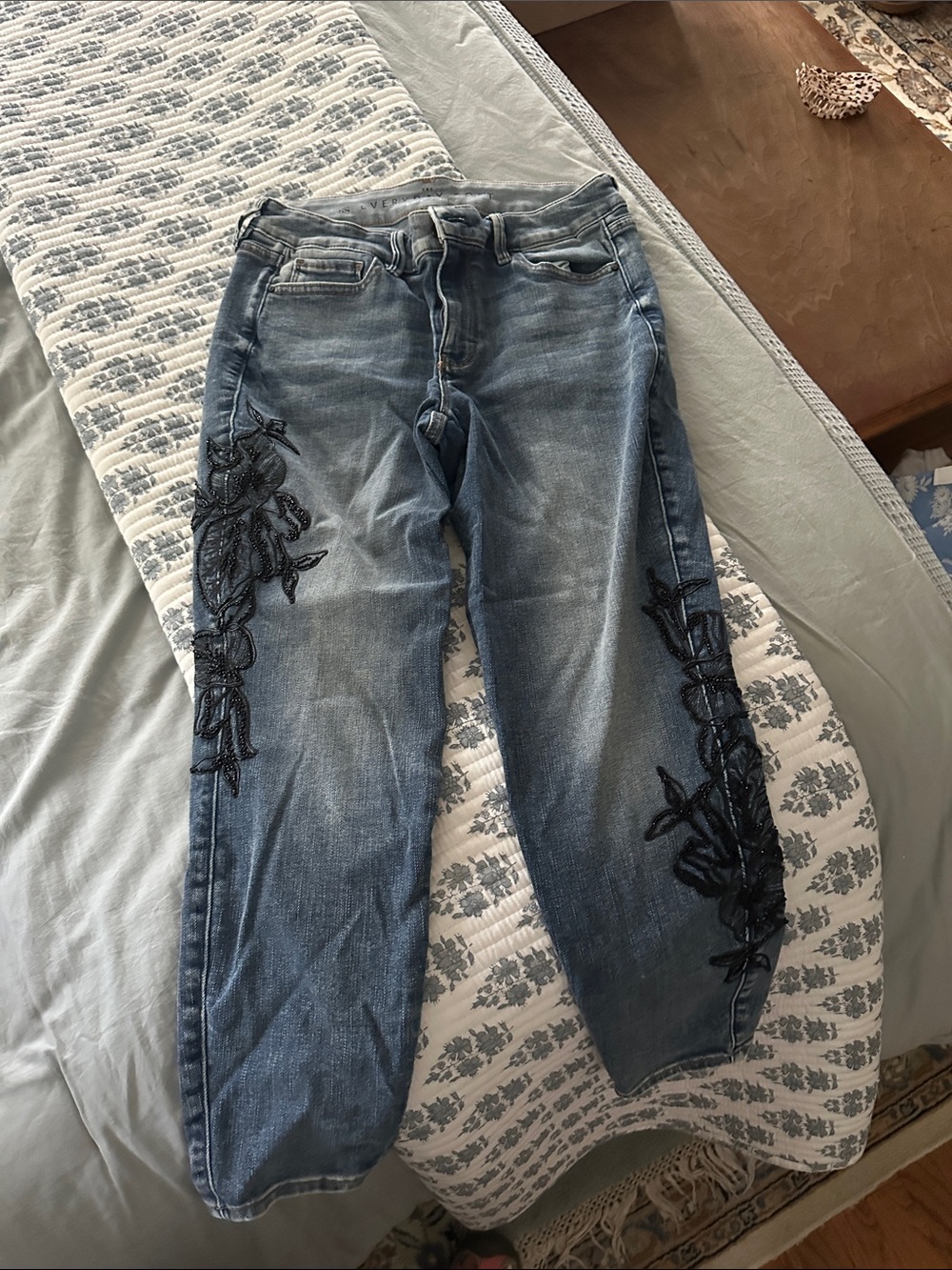 White House Black Market Blue Denim Boyfriend Jeans with Black Embroidery
